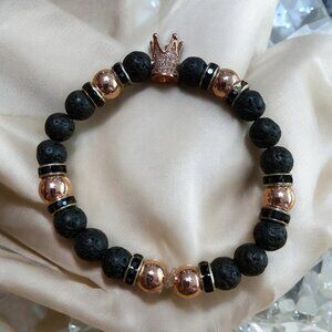 Genuine Lava Stone Essential Oil Diffuser Bracelet with Rose Gold Pave' Crown